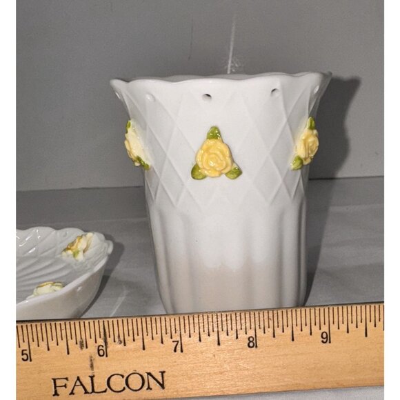 Jakson Japan Yellow Eyelet Rose Soap Dish & Tumbler Set Ceramic Floral Design - Picture 9 of 12